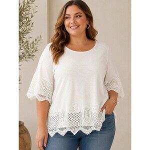 Adrianna Papell 2X White Lace Trim Top Boho Crochet Hem Bell Sleeve Blouse